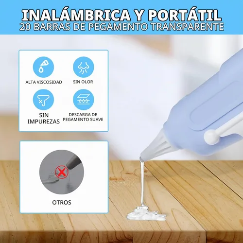 Vista 2 de Pistola de pegamento caliente inalámbrica, kit de pistola de pegamento de precalentamiento rápido recargable con 20 barras de pegamento blanco