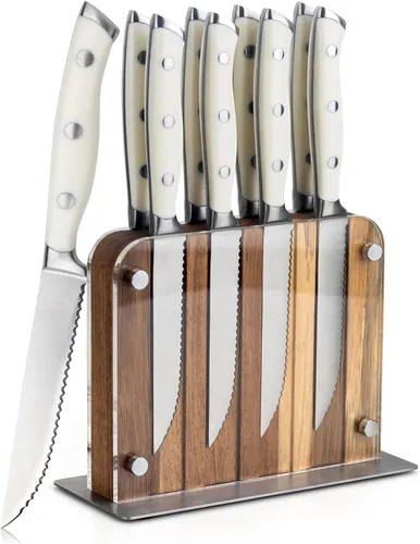 Vista 12 de Alata Juego de cuchillos para carne de 8 piezas, 4.7 pulgadas con borde dentado, cuchillos afilados para cena, construcción de espiga completa Negro