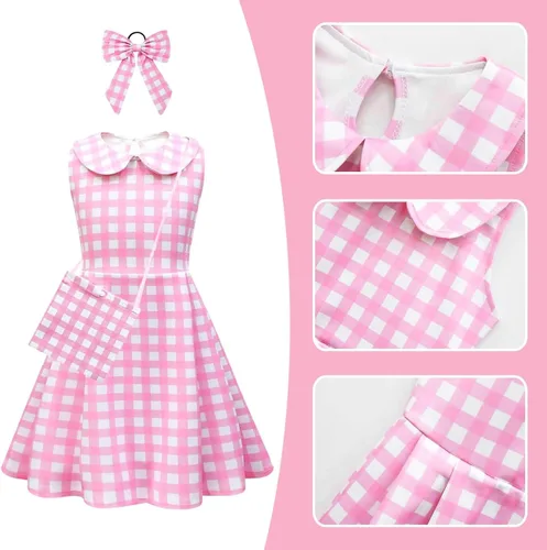 Vista 5 de Vestidos de disfraz para niñas, vestido de cosplay de muñeca rosa con accesorios