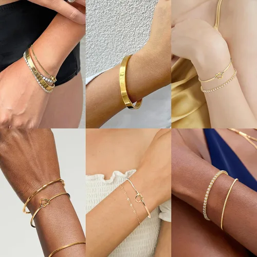 Vista 5 de AOZEL 14K Gold Plated Bangle Cuff Bracelets Set for Women Trendy Gold Bracelet Stack for Women Gold Bracelet Set Jewelry Gifts for Her