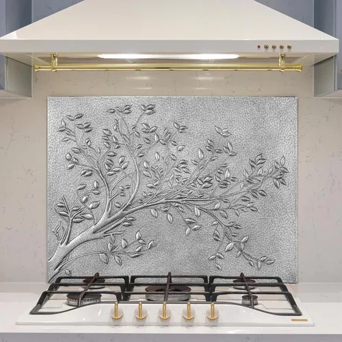 Vista 10 de Azulejos de salpicadura de cocina de cobre hechos a mano, ramas de árbol con hojas para salpicadura de cocina, panel decorativo de salpicadura