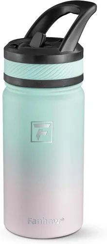 Vista 24 de Fanhaw Botella de agua aislada para niños de 14 onzas con tapa de pajita – Acero inoxidable de doble pared al vacío, a prueba de fugas, botellas