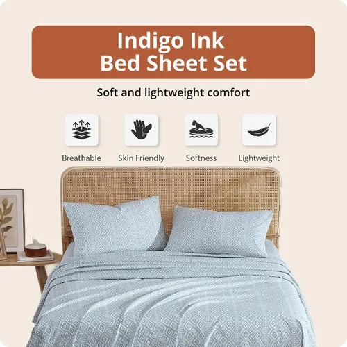 Vista 2 de Indigo Ink - Juego de sábanas para cama individual, ropa de cama de peso medio con funda de almohada a juego, juego de cama floral boho, suave