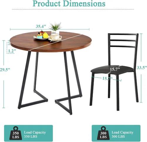 Vista 5 de VECELO Juego de mesa de comedor redonda para 4, mesa de madera y marco de acero resistente, comedor de 5 piezas con sillas para cocina, rincón