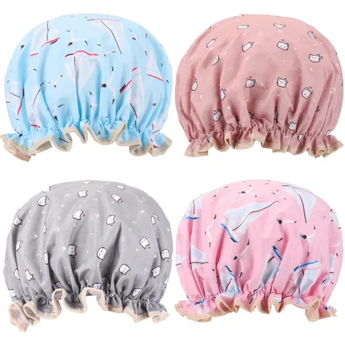 Vista 9 de 4 Piezas Gorros de Ducha para Mujeres y Niña, Gorro de Baño Reutilizable e Impermeable con Doble Capa Impermeable, Patrón de Pájaro y Corazón