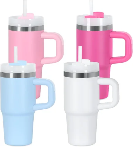 Vista 15 de Muwnrol Vaso de 14 onzas con asa y popote para niños, vaso de acero inoxidable aislado al vacío que mantiene el frío, el calor y el hielo, regalos