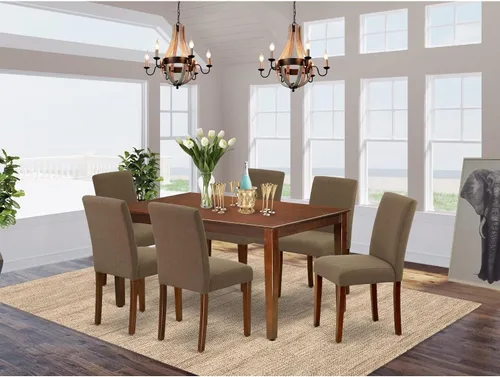 Vista 2 de HomeStock El juego de mesa de comedor moderno de 7 piezas consta de una mesa rectangular de madera y 6 sillas tapizadas de tela de lino café, 36 x