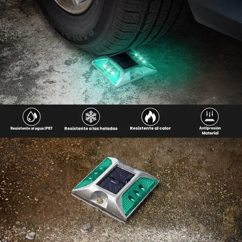 Vista 3 de Perno solar para carretera, 8 unidades, verde, LED, IP68 impermeable, automático, estilo moderno, 4.13 pulgadas de largo x 4.13 pulgadas de ancho x