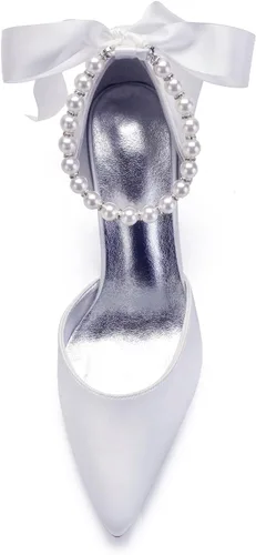 Vista 3 de Zapatos de boda blancos perla para novia de tacón alto puntiagudo zapatos de novia de satén vestido de fiesta de baile sandalias