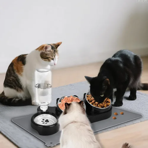 Vista 7 de Juego de cuencos de comida y agua para gatos, cuencos elevados de acero inoxidable para gatos con botella de agua automática y tapete impermeable