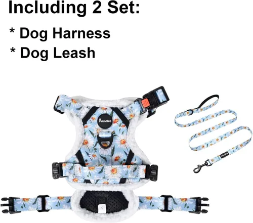 Vista 5 de Petmolico Arnés floral y correa para perro, arnés de forro polar para perro con 2 clips para correa y asa de fácil control para perros pequeños