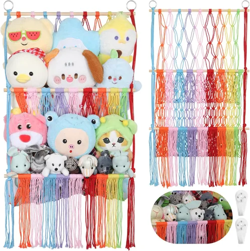 Vista 25 de Red de almacenamiento de animales de peluche de 2 niveles, 17 x 32 pulgadas, organizador grande de animales de peluche para pequeños rellenos