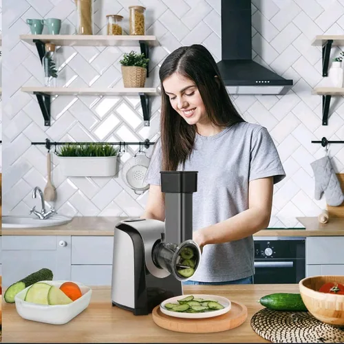 Vista 7 de Rallador Eléctrico de Queso, Rallador Rotatorio Profesional 5 en 1 para Queso y Verduras, Tirador Eléctrico de Ensalada Espiralizador