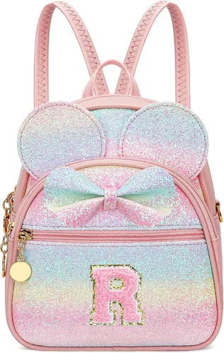 Vista 13 de KKXIU Mochilas Mini con Moño Inicial para Niñas y Mujeres, Linda Mochila Pequeña con Asa de Bolso, Regalos Personalizados para Niños, Arcoíris