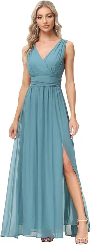 Vista 3 de Beauty-Emily Vestido de fiesta de gasa semiformal sin mangas con cuello en V