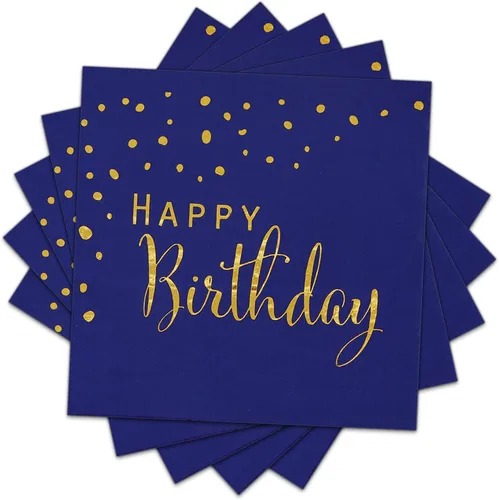 Vista 10 de DYLIVeS Servilletas de feliz cumpleaños, servilletas de papel de aluminio negro y dorado, servilletas de papel desechables para cena, picnic (Negro)