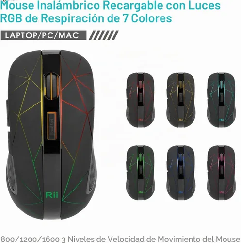Vista 2 de Rii Ratón inalámbrico LED, ratón óptico ergonómico de 2.4 G con receptor USB, mouse portátil recargable para PC, Mac, tableta, Chromebook, portátil