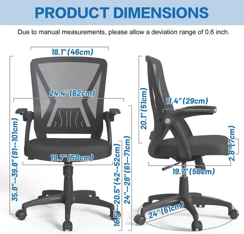 Vista 3 de Silla de escritorio ergonómica de malla giratoria para computadora con reposabrazos abatibles y soporte lumbar