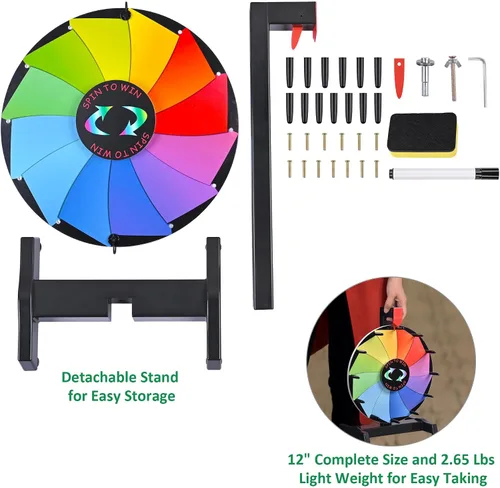 Vista 2 de WinSpin Rueda de premios de mesa de 12 pulgadas, rueda de ruleta de juegos de carnaval con marcador de borrado en seco, rueda giratoria resistente