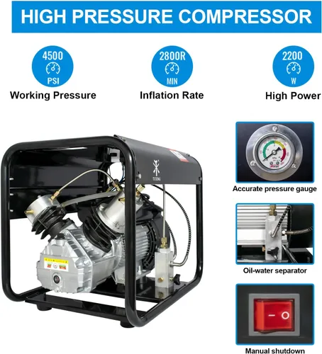 Vista 6 de TUXING Compresor Pcp de 4500 psi, compresor de aire de buceo de doble cilindro, versión de parada manual, bomba de aire de alta presión para pistola