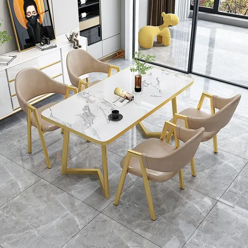 Vista 7 de LITFAD Juego de comedor con parte superior de piedra sinterizada escandinava con mesa de comedor rectangular, moderna mesa de comedor con 4 sillas