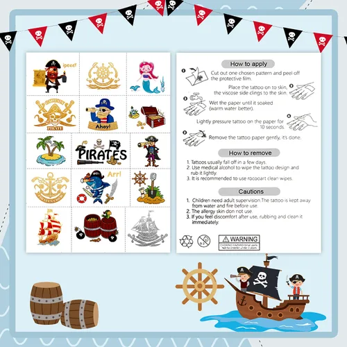 Vista 7 de PARTYWIND 34 estilos de suministros de fiesta de cumpleaños pirata, brillantes y brillantes metálicos piratas temporales para decoración de fiesta