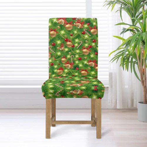 Vista 6 de Rnyleeg Fundas navideñas para sillas de comedor, fundas de asiento de comedor con estampado de campanas brillantes, juego de 1 funda suave y lavable