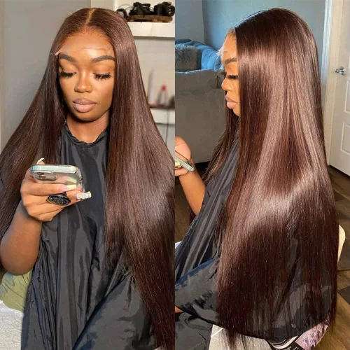 Vista 16 de Flady Peluca de cabello humano con encaje frontal ombré, prearrancada, sin pegamento, peluca frontal de encaje HD 4/27, pelucas de cabello humano