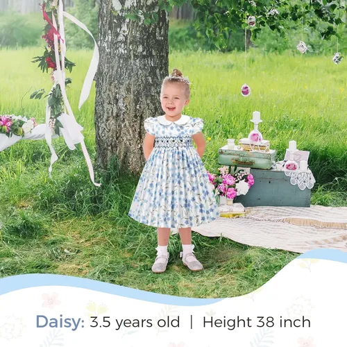 Vista 3 de Girls Smocked Blue Dress Toddler Floral Summer Dress Vintage Dresses Kindergarten Graduation Dress