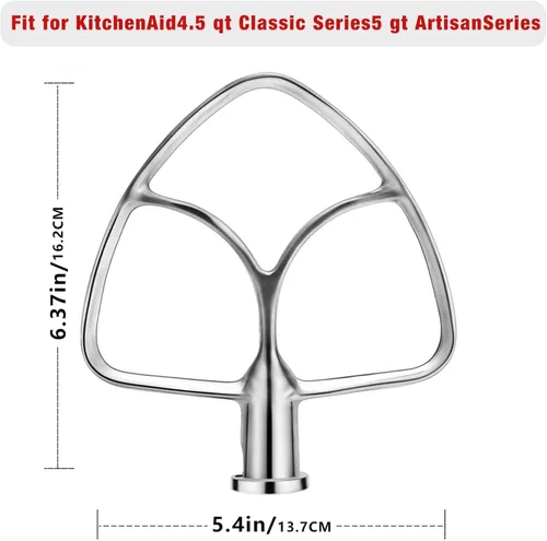 Vista 5 de Batidor plano de acero inoxidable de 4.5-5 cuartos para batidora de pie KitchenAid, accesorios de accesorio de paleta de ayuda de cocina, sin