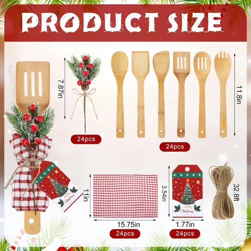 Vista 2 de Funnymoom Juego de 24 utensilios de cocina de Navidad, espátulas de bambú, cucharas de bambú con palillos artificiales, toalla de gofre, etiqueta