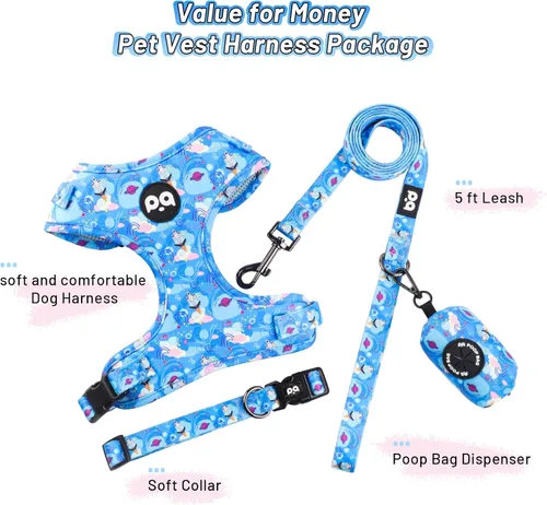 Vista 6 de QQPETS Arnés para perro con correa y soporte para bolsa de excrementos, juego de 4 piezas, ajustable sin tirones, chaleco acolchado de malla suave