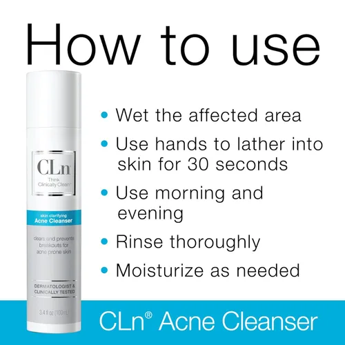 Vista 3 de CLn Limpiador facial para acné con 0.5% de ácido salicílico para eliminar puntos negros y brotes, sin aceite y sin fragancia, 3.4 onzas líquidas
