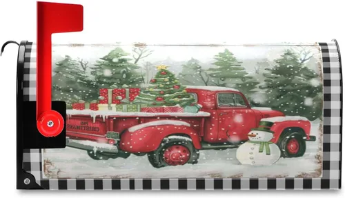 Vista 7 de Funda Magnética para Buzón Feliz Navidad Camión Árbol Tamaño Grande Muñeco de Nieve de Invierno Cuadros Buffalo Fundas para Buzón Tamaño Estándar