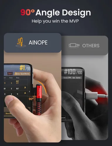Vista 4 de AINOPE - Cable USB C a USB [Paquete de 3 unidades 3.3 pies/6.6 pies/10 pies] 3.1A USB carga rápida en ángulo recto, cable de carga USB C trenzado