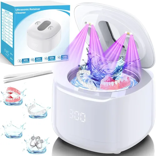 Vista 9 de Máquina limpiadora ultrasónica de retenedores, 49 kHz 7.4 fl oz, cápsula de limpieza dental con temporizador digital, limpiador ultrasónico