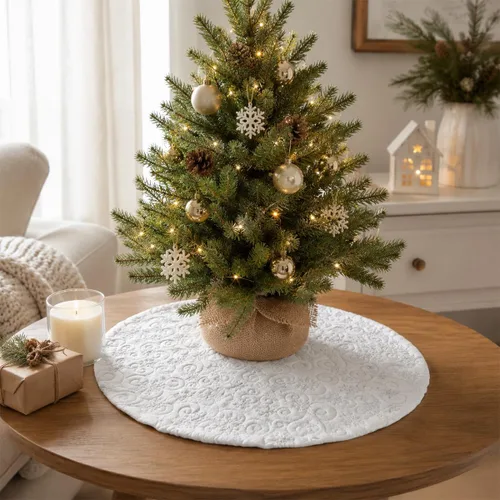 Vista 10 de Faldones de Felpa para Árbol de Navidad, 24 pulgadas, Lujosa Cubierta de Base de Árbol de Navidad de Piel Sintética Negra con Copos de Nieve Dorados