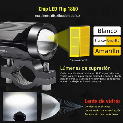 Vista 3 de Luces de conducción de motocicleta de 15 vatios, luces de doble color, blanco/ámbar, 3 modos, luces deportivas con lente impermeable