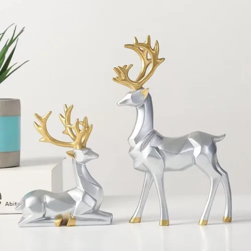 Vista 2 de Figuras navideñas de alce de reno, decoración de Navidad de pie y sentado, estatuas de ciervos para el hogar y el gabinete (plateado)
