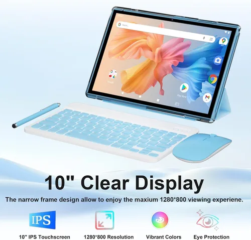 Vista 2 de Tablet de 10 pulgadas 2 en 1 Android 15 tabletas con teclado, tabletas de 10 pulgadas incluyen mouse teclado Stylus Case, 6000mAh 8GB RAM 32GB ROM