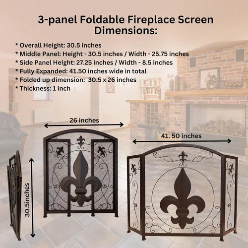 Vista 2 de BestGiftEver Pantalla decorativa para chimenea de 3 paneles con diseño de flor de lis, marrón oscuro clásico, cubierta decorativa de malla de hierro