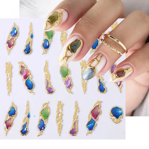 Vista 4 de 6 hojas de calcomanías de arte de uñas en relieve dorado 5D, marco geométrico irregular, diseño de calcomanías huecas para uñas, autoadhesivas