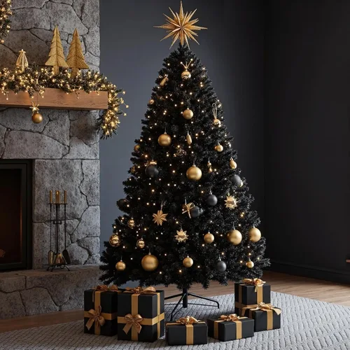 Vista 2 de [Usado] Yaheetech Árbol de Navidad artificial de pino abeto negro con bisagras y luces incorporadas de 4.5 pies para Halloween, árbol de Navidad