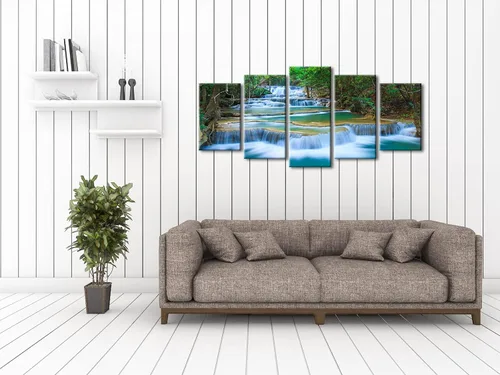 Vista 2 de Wieco Art Lienzo de cascada pacífica para pared, cuadros de árboles verdes para sala de estar, dormitorio, decoración del hogar, 5 piezas, estirado