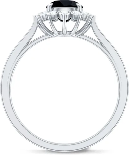 Vista 2 de Anillo de compromiso de ónix negro de 1.25 quilates con halo de diamantes, anillo de compromiso de ónix negro para mujer