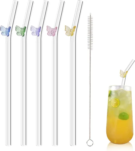 Vista 8 de 5 popotes reutilizables de vidrio transparente con diseño color cereza de 7.8" x 8mm con 1 cepillo de limpieza para batidos, zumos, jugos y tés