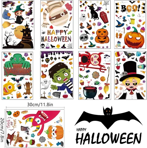 Vista 7 de Larcenciel Decoraciones de Halloween – 170 calcomanías para ventana y vidrio – Calcomanías espeluznantes para puerta de murciélago, araña, zombi
