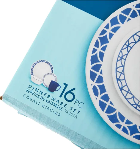 Vista 3 de Corelle Cobalt Circles - Juego de vajilla de 16 piezas para 4 personas, color azul