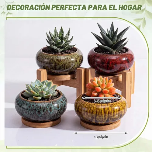 Vista 3 de 5 Piezas Macetas de Cerámica Redondas Grandes y Poco Profundas para Suculentas de 7.3'' y 4'' con Orificio de Drenaje Maceta de Bonsái Poco Profunda