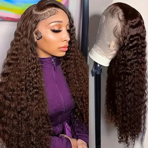 Vista 60 de Peluca de cabello humano con encaje frontal 99j borgoña ondulada profunda, 13x4, peluca frontal prearrancada, densidad del 180%, peluca rizada